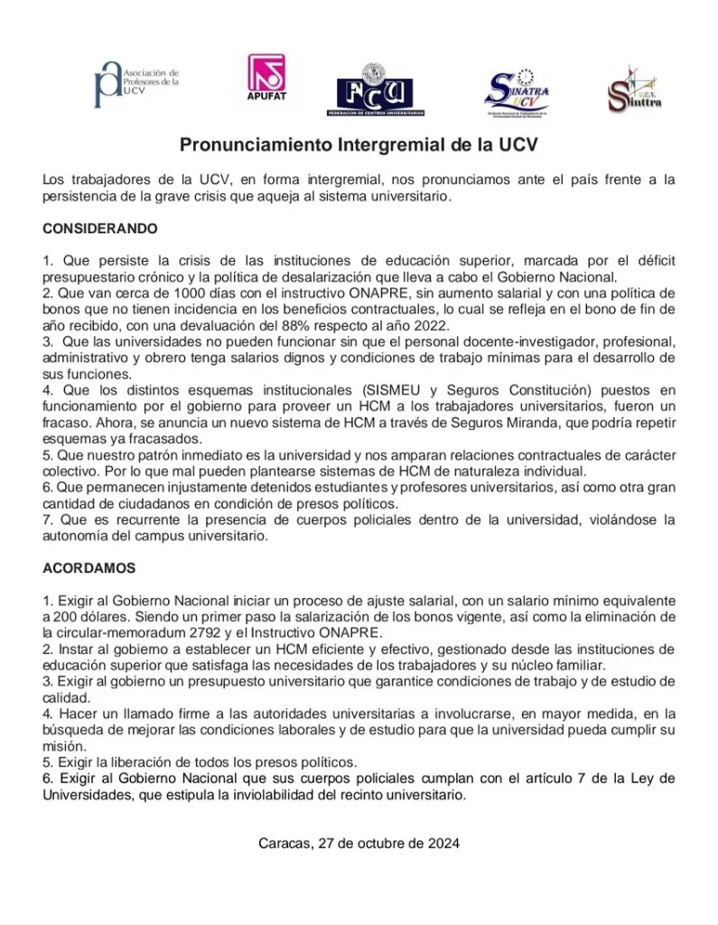 Gremios y sindicatos de la UCV exigen ajuste salarial