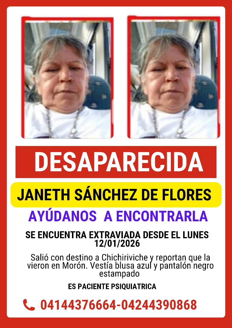 Se solicita ayuda para localizar a Janeth Sánchez de Flores desaparecida desde el lunes