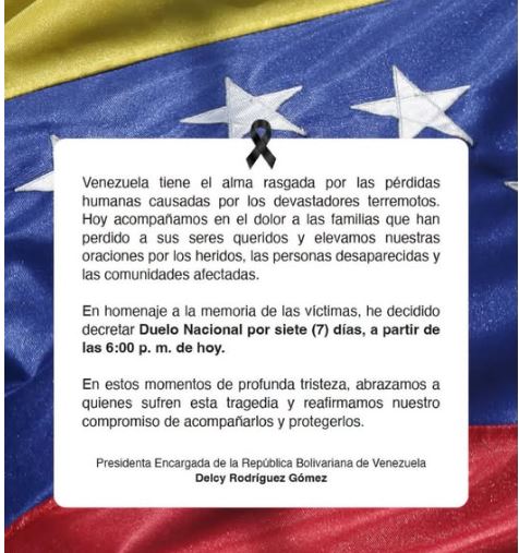 Delcy Rodríguez declaró luto nacional por siete días en Venezuela tras doble terremoto